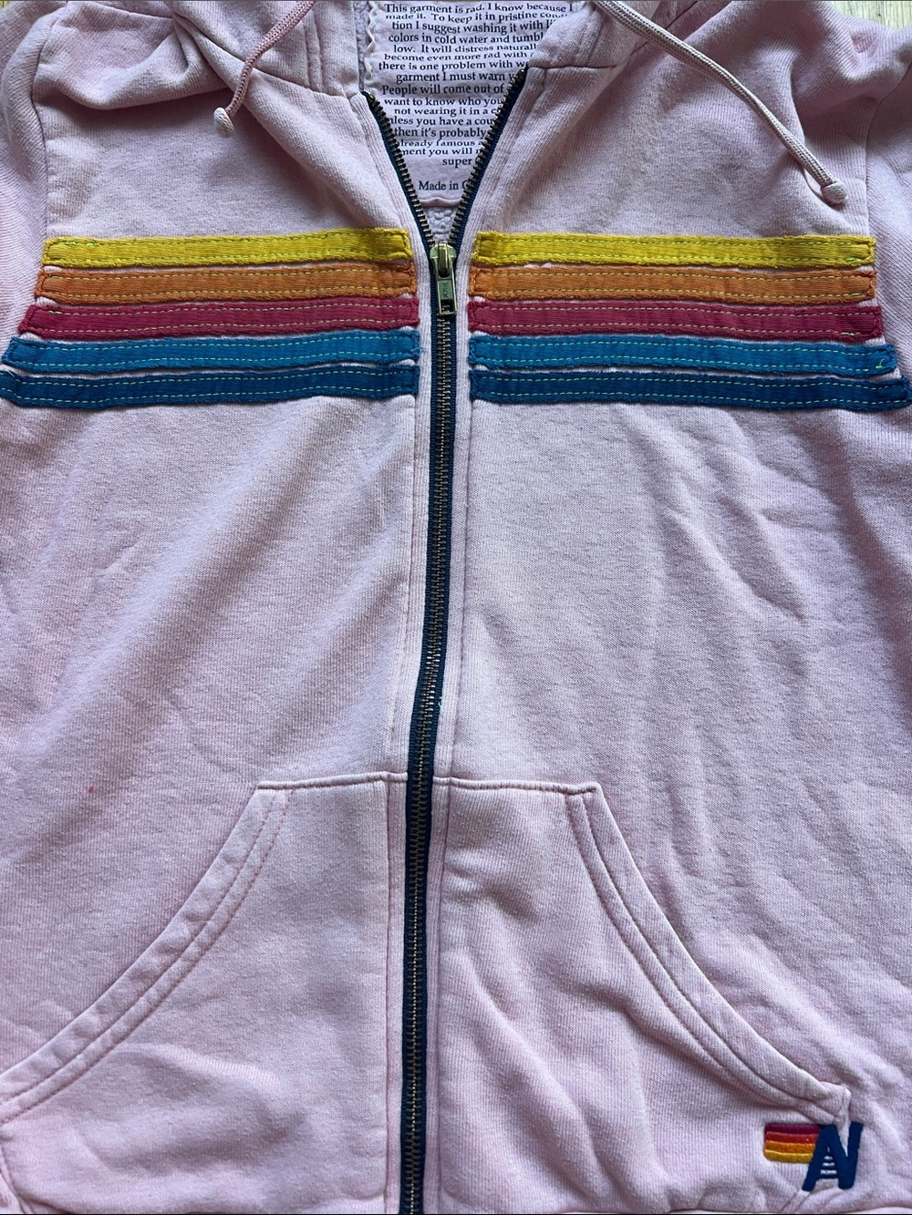 Aviator Nation Pink Zip Hoodie with Yellow, Red & Blue Stripes - Picture 4 of 5